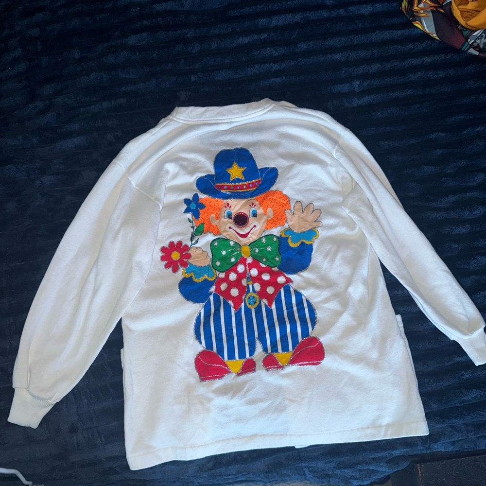 White cardigan with Colorful Clown Design